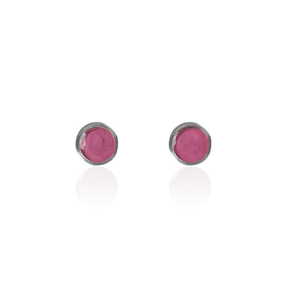 Pink Tourmaline Solitaire Stud Earrings - Sterling Silver - Petite