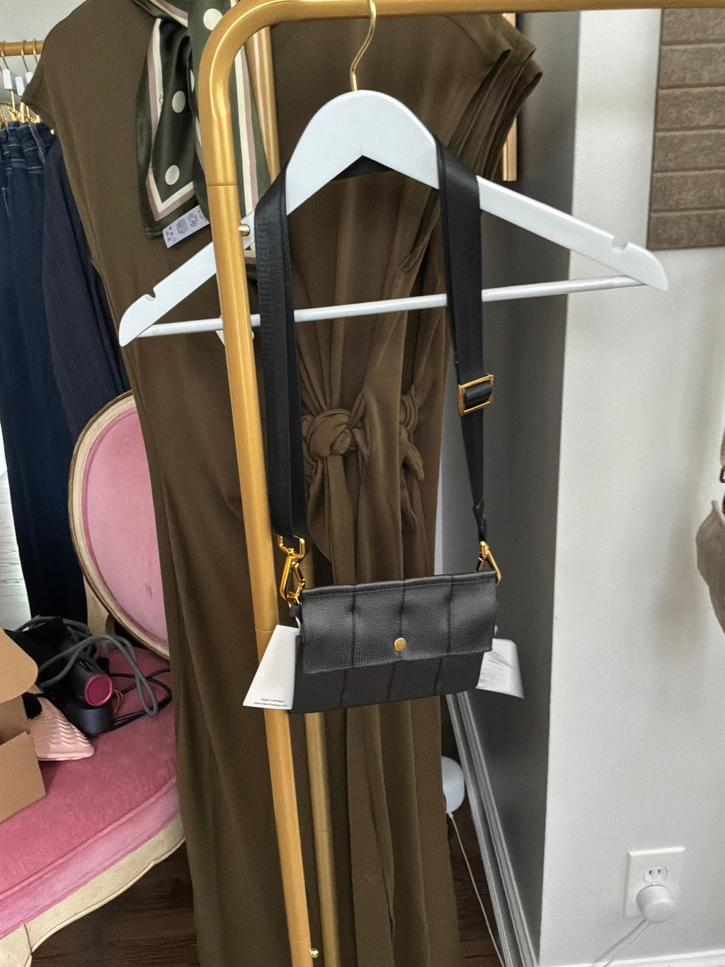Seatbelt Foldover Crossbody Clutch - Black with Gold Hardware