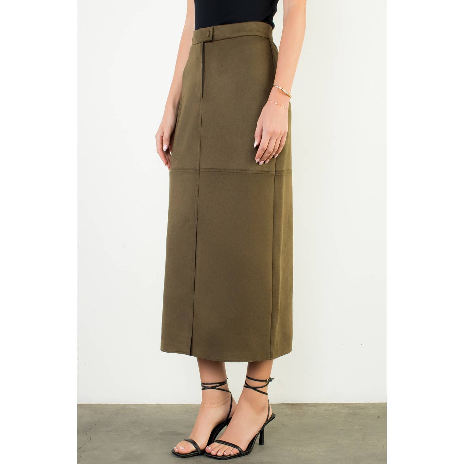 Olive Suede Column Skirt
