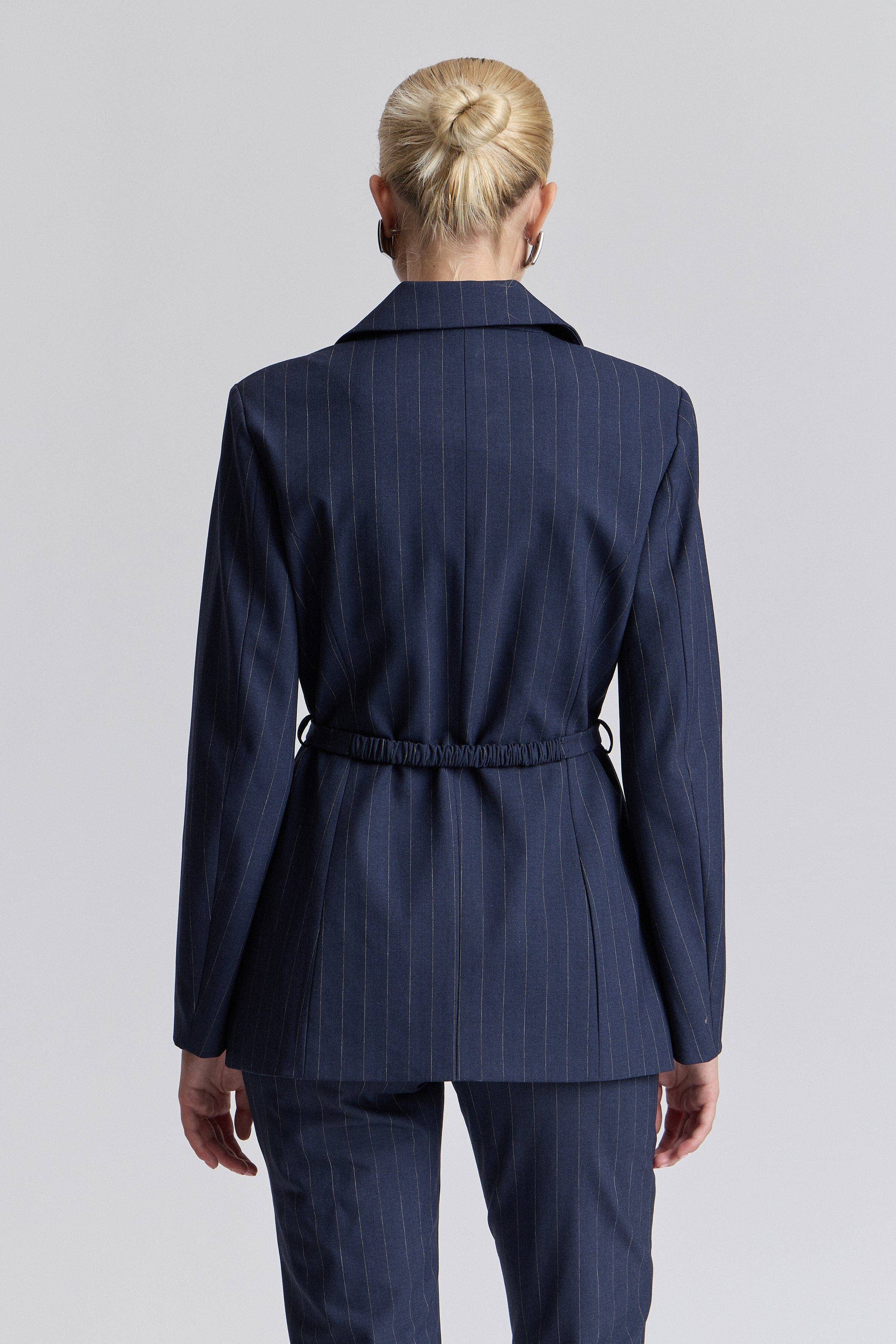 Pinstripe Belted Blazer - Navy