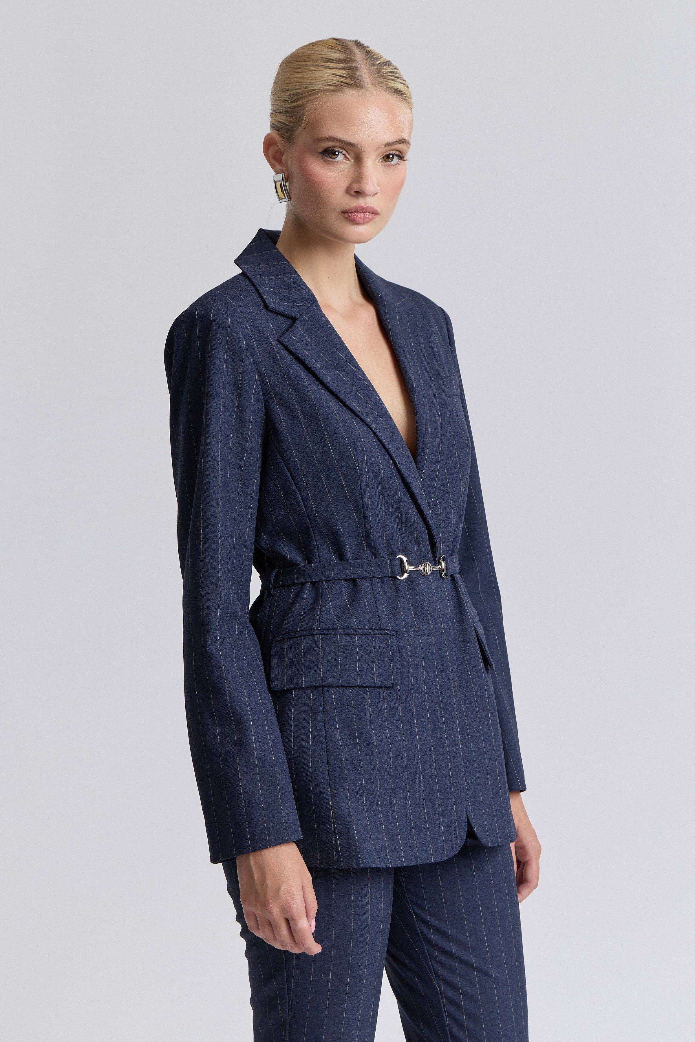 Pinstripe Belted Blazer - Navy