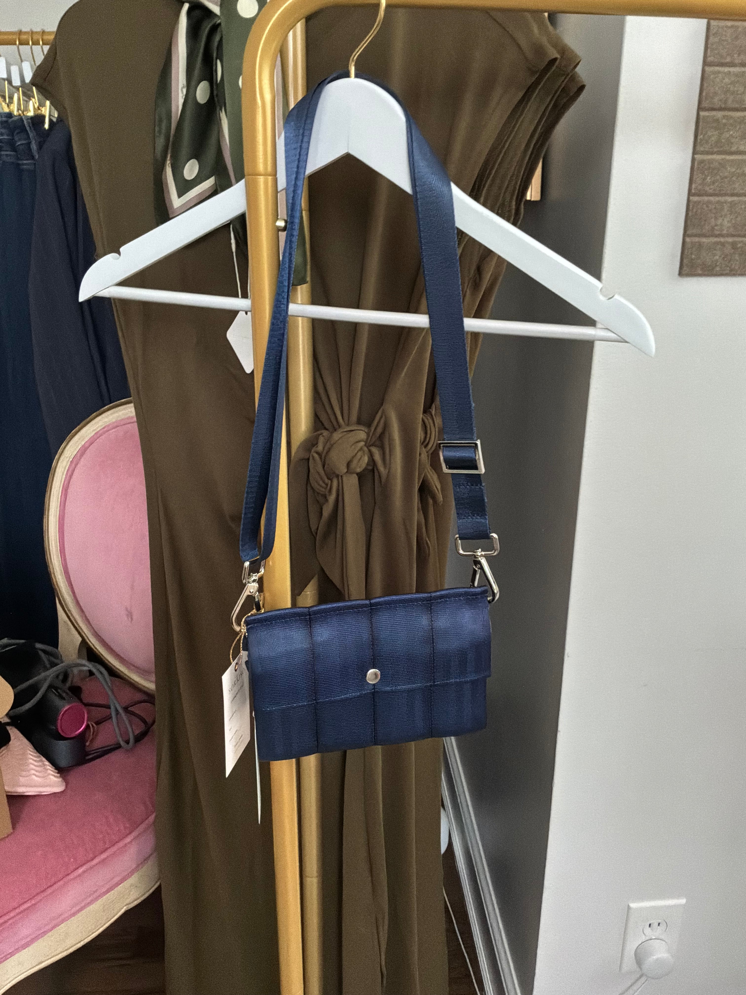 Seatbelt Foldover Crossbody Clutch - Navy Blue with Silver Hardware