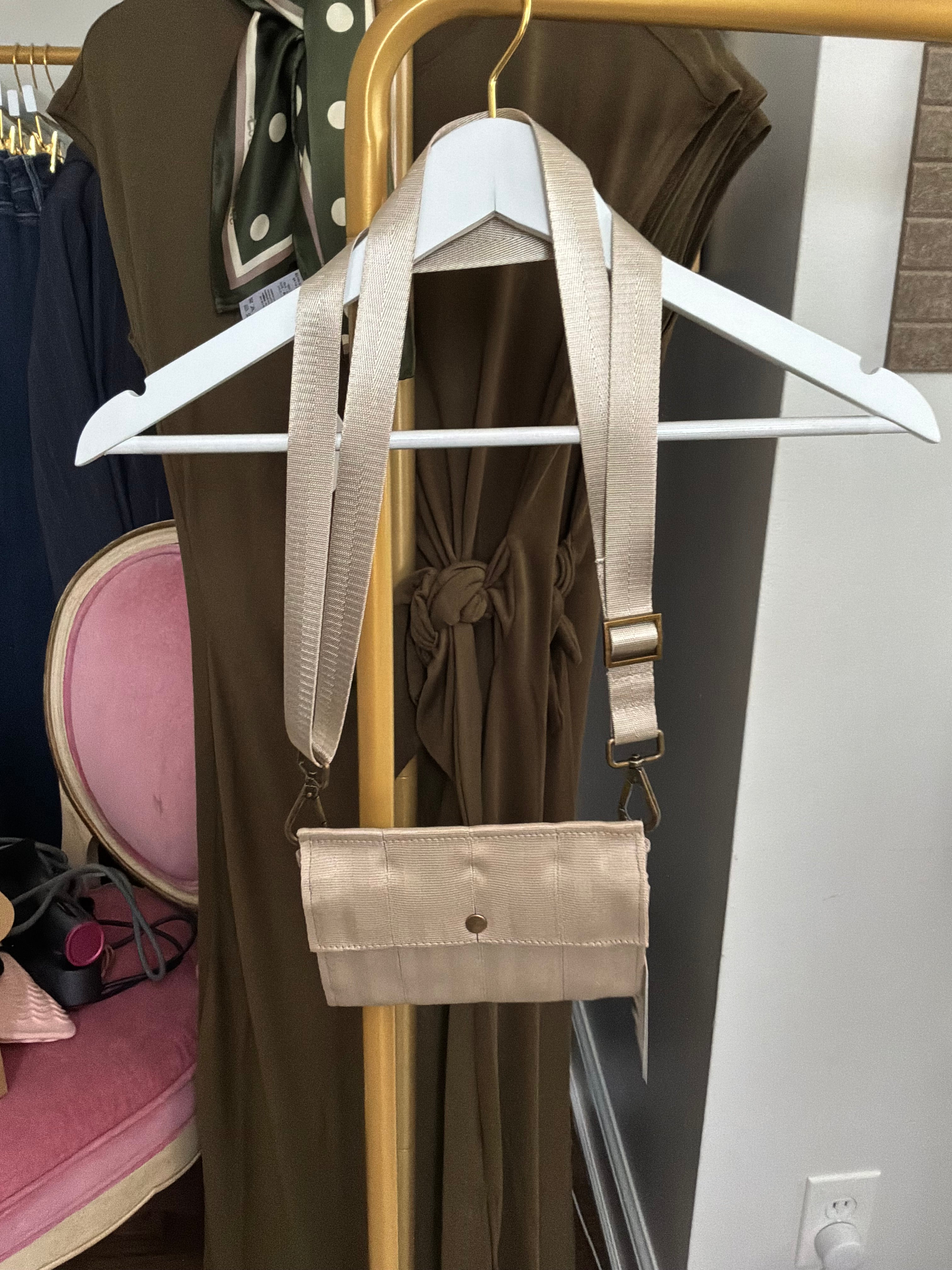 Seatbelt Foldover Crossbody Clutch - Tan with Antique Brass Hardware