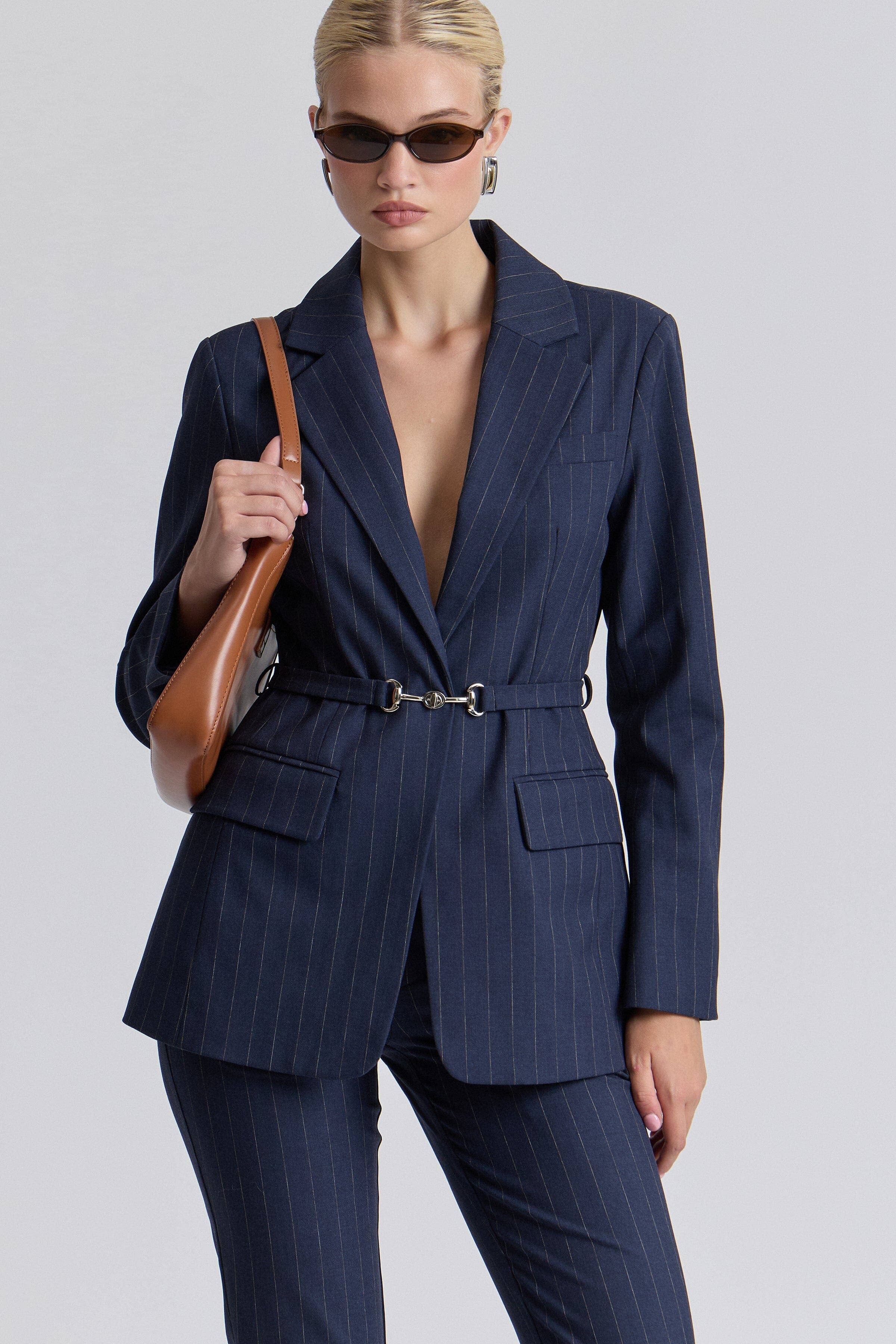 Pinstripe Belted Blazer - Navy