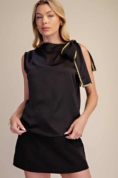 Asymmetric Bow Tie Neck Top - Black & Gold