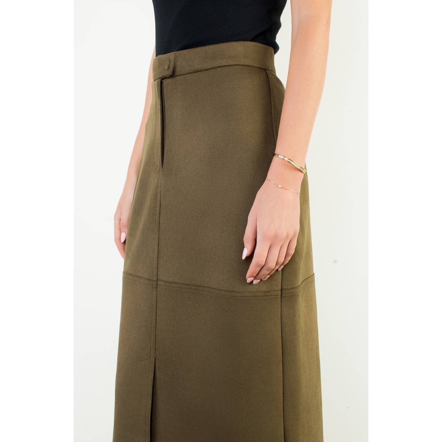 Olive Suede Column Skirt