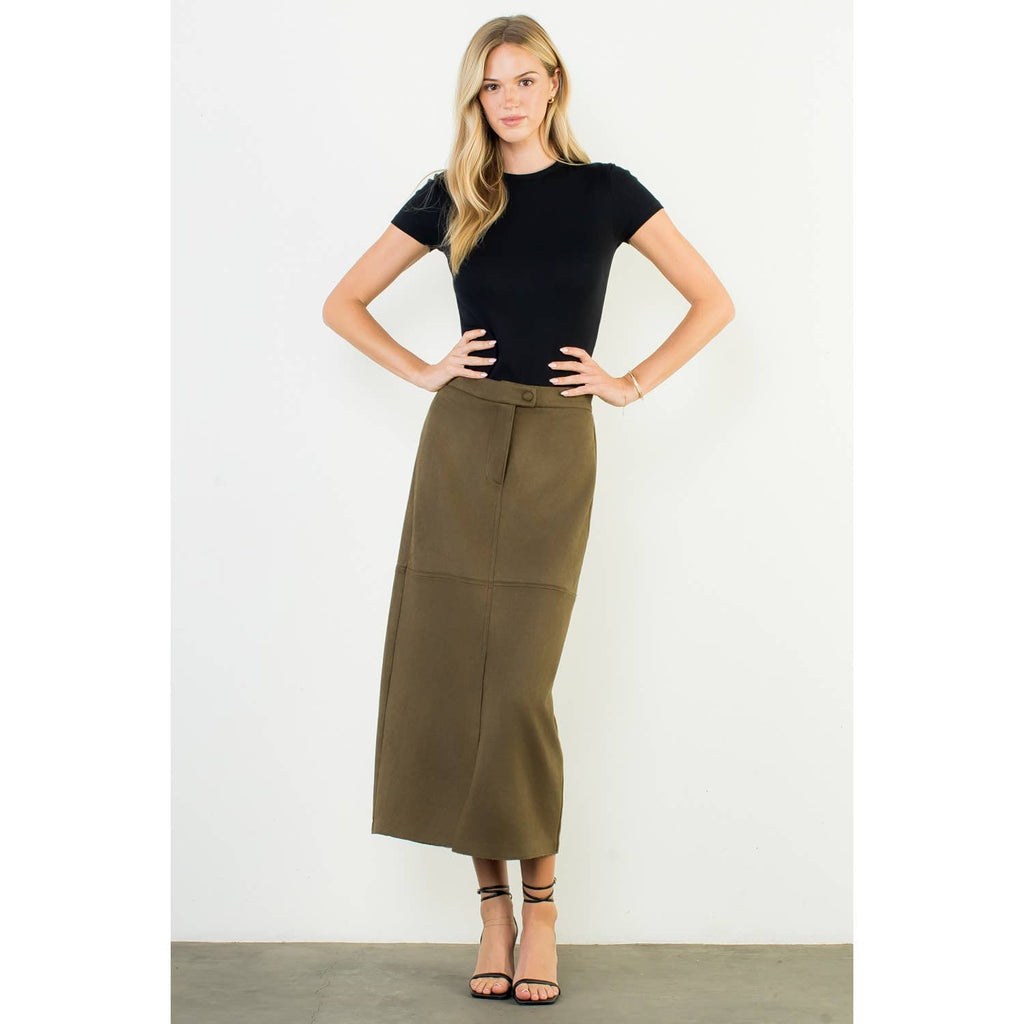 Olive Suede Column Skirt