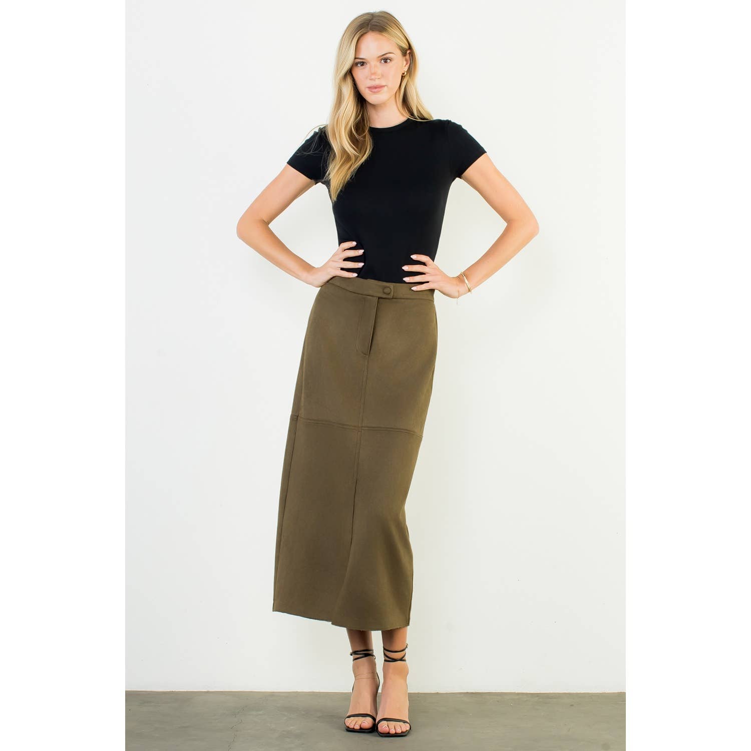 Olive Suede Column Skirt
