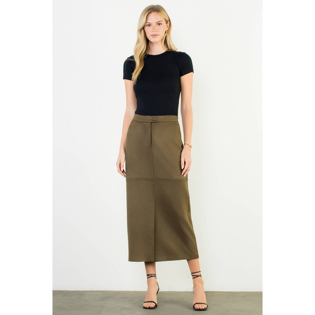 Olive Suede Column Skirt