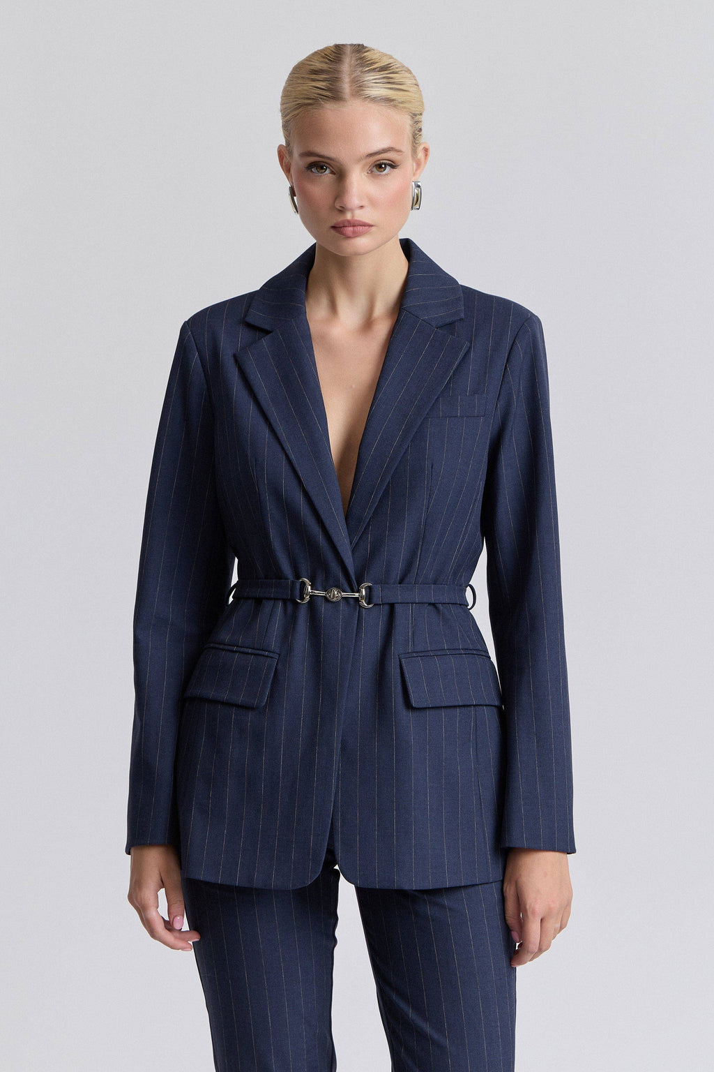 Pinstripe Belted Blazer - Navy