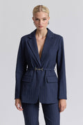 Pinstripe Belted Blazer - Navy