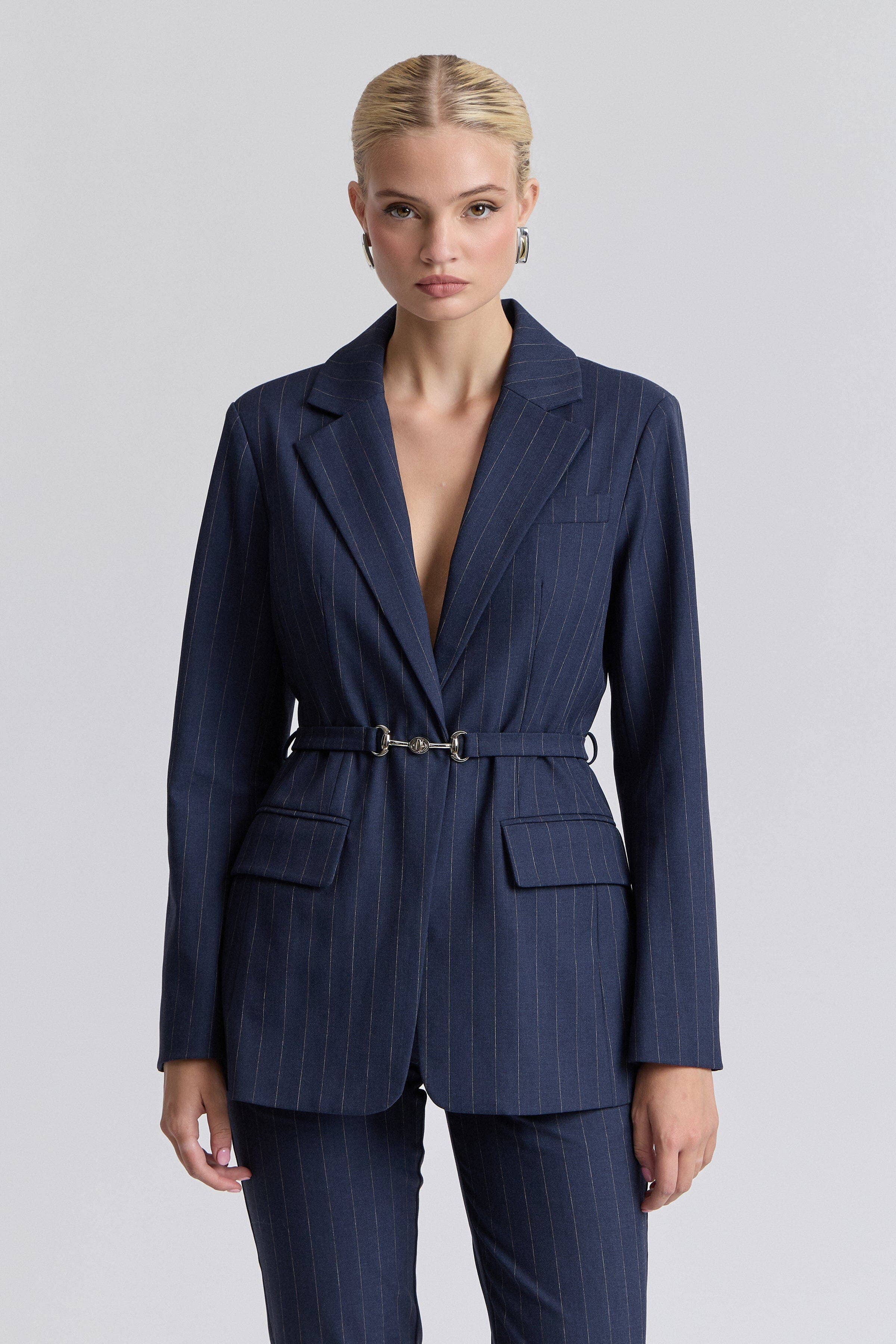 Pinstripe Belted Blazer - Navy