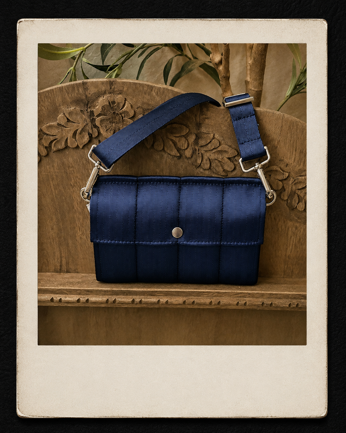 Seatbelt Foldover Crossbody Clutch - Navy Blue with Silver Hardware