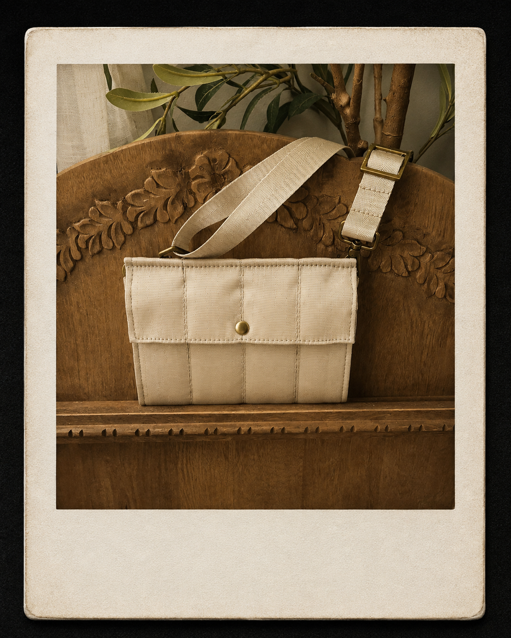 Seatbelt Foldover Crossbody Clutch - Tan with Antique Brass Hardware