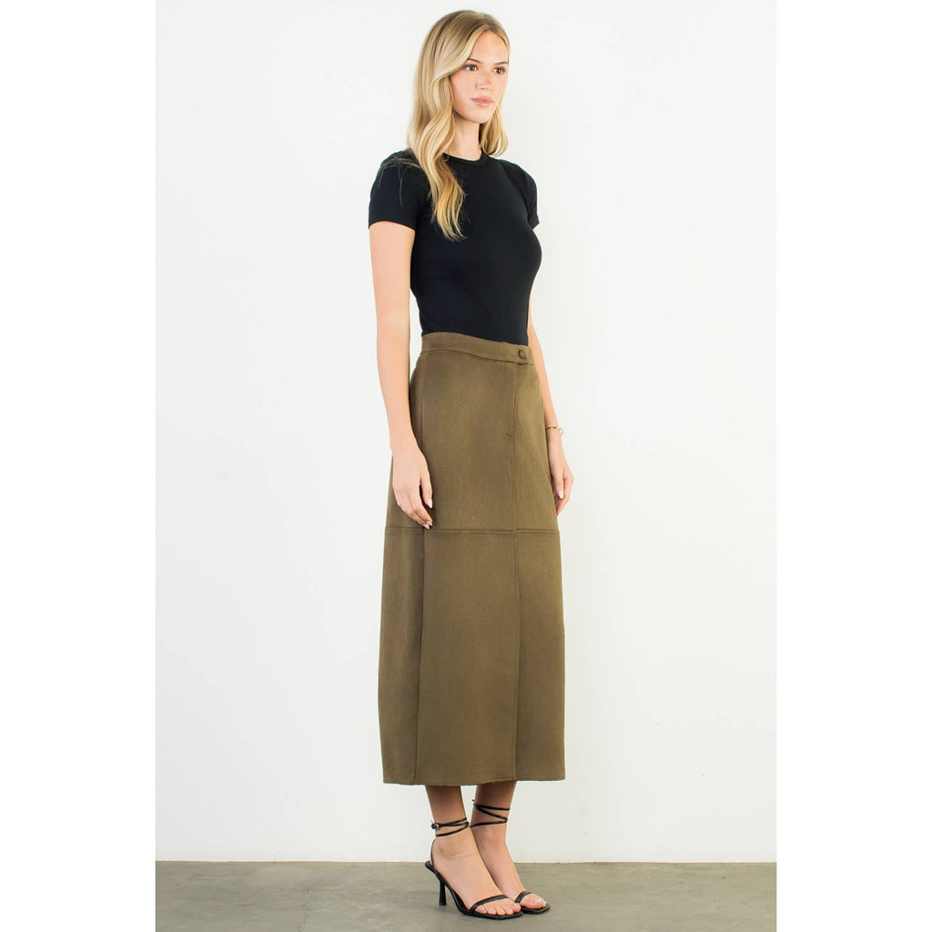 Olive Suede Column Skirt