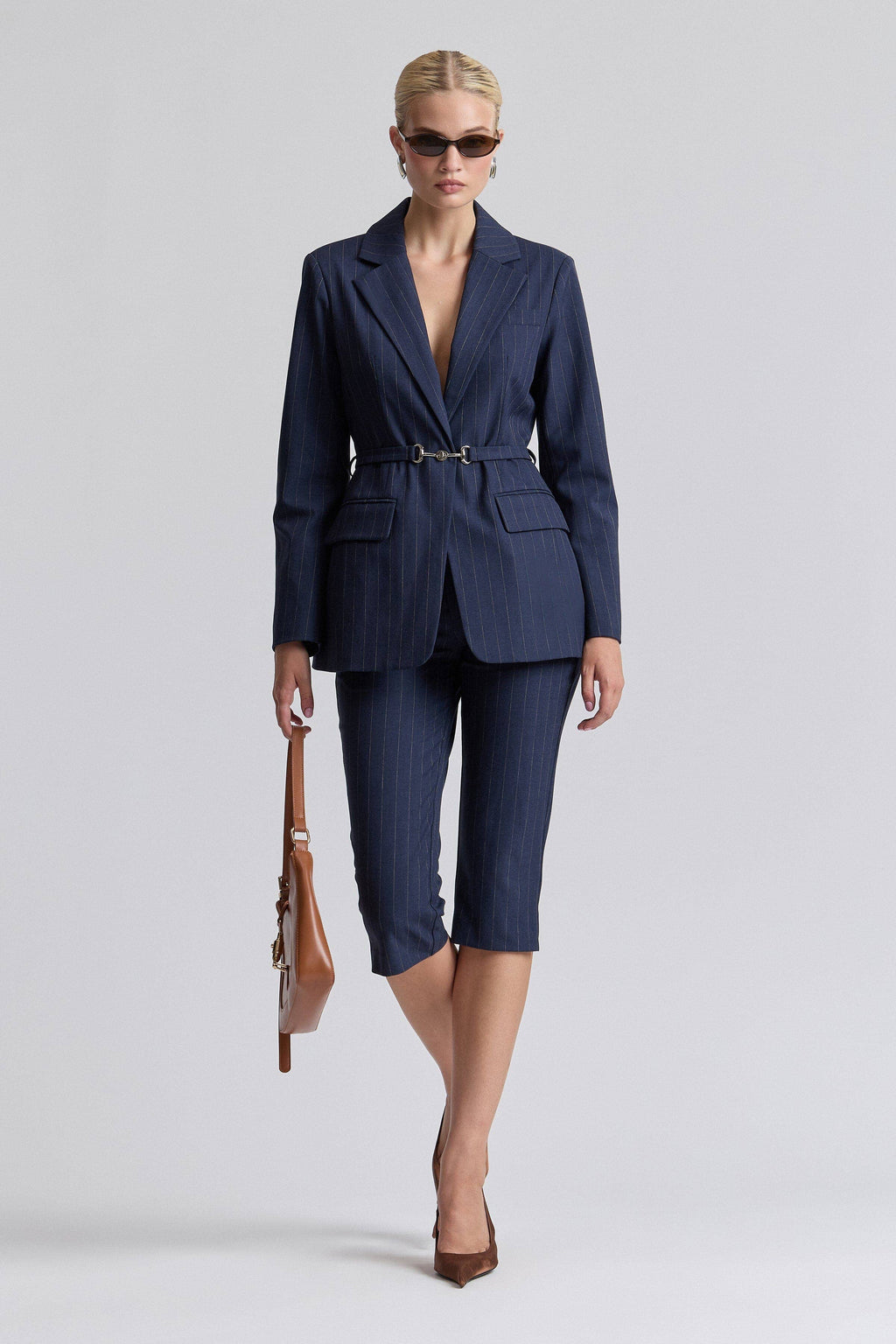 Pinstripe Belted Blazer - Navy