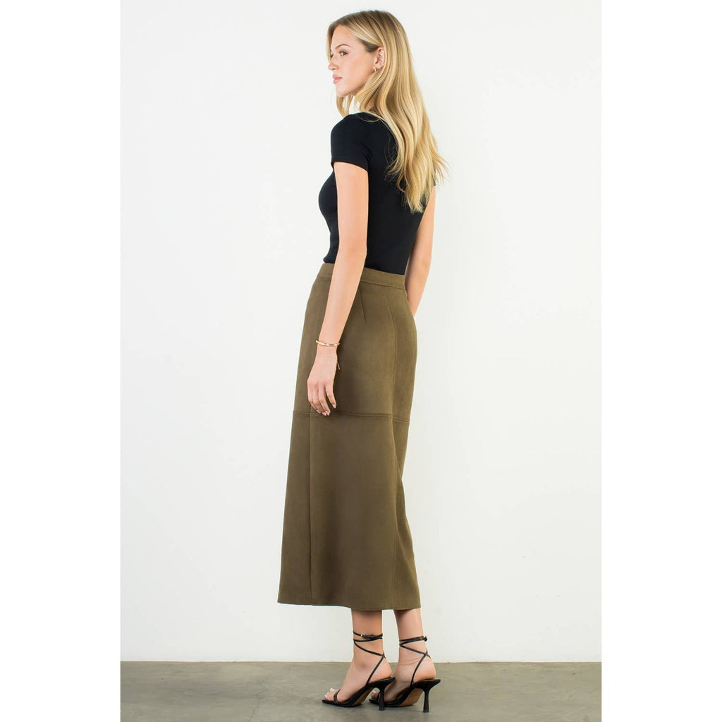 Olive Suede Column Skirt