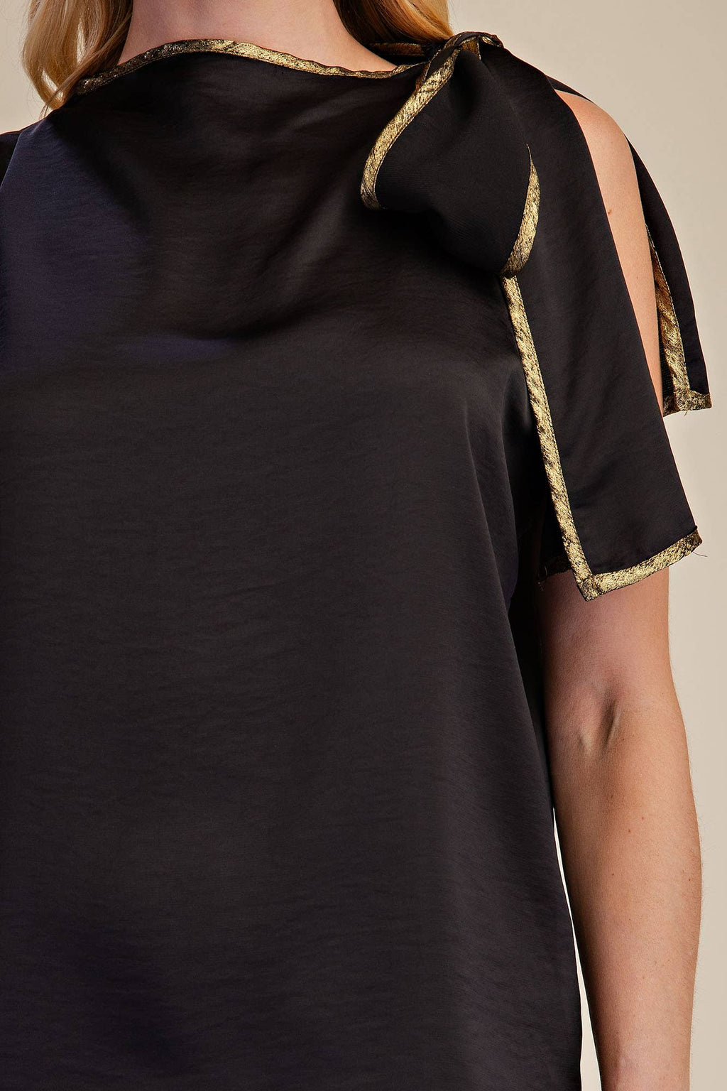 Asymmetric Bow Tie Neck Top - Black & Gold