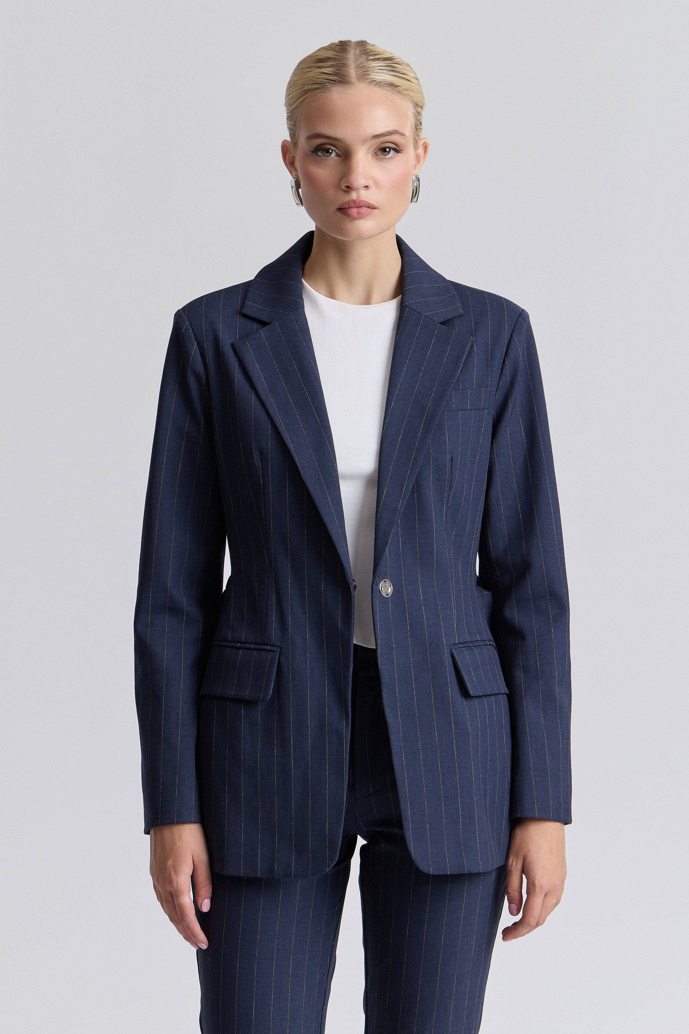 Pinstripe Belted Blazer - Navy