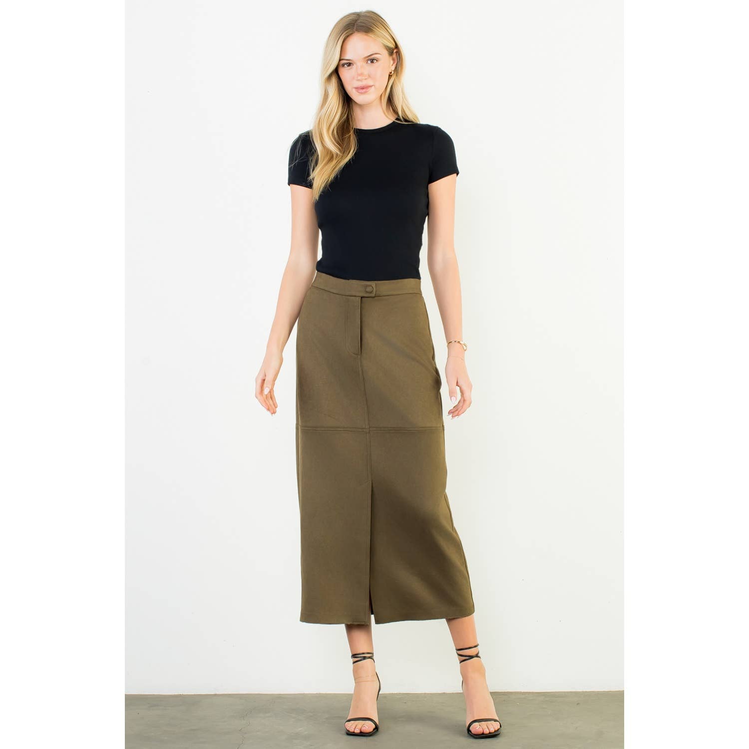 Olive Suede Column Skirt